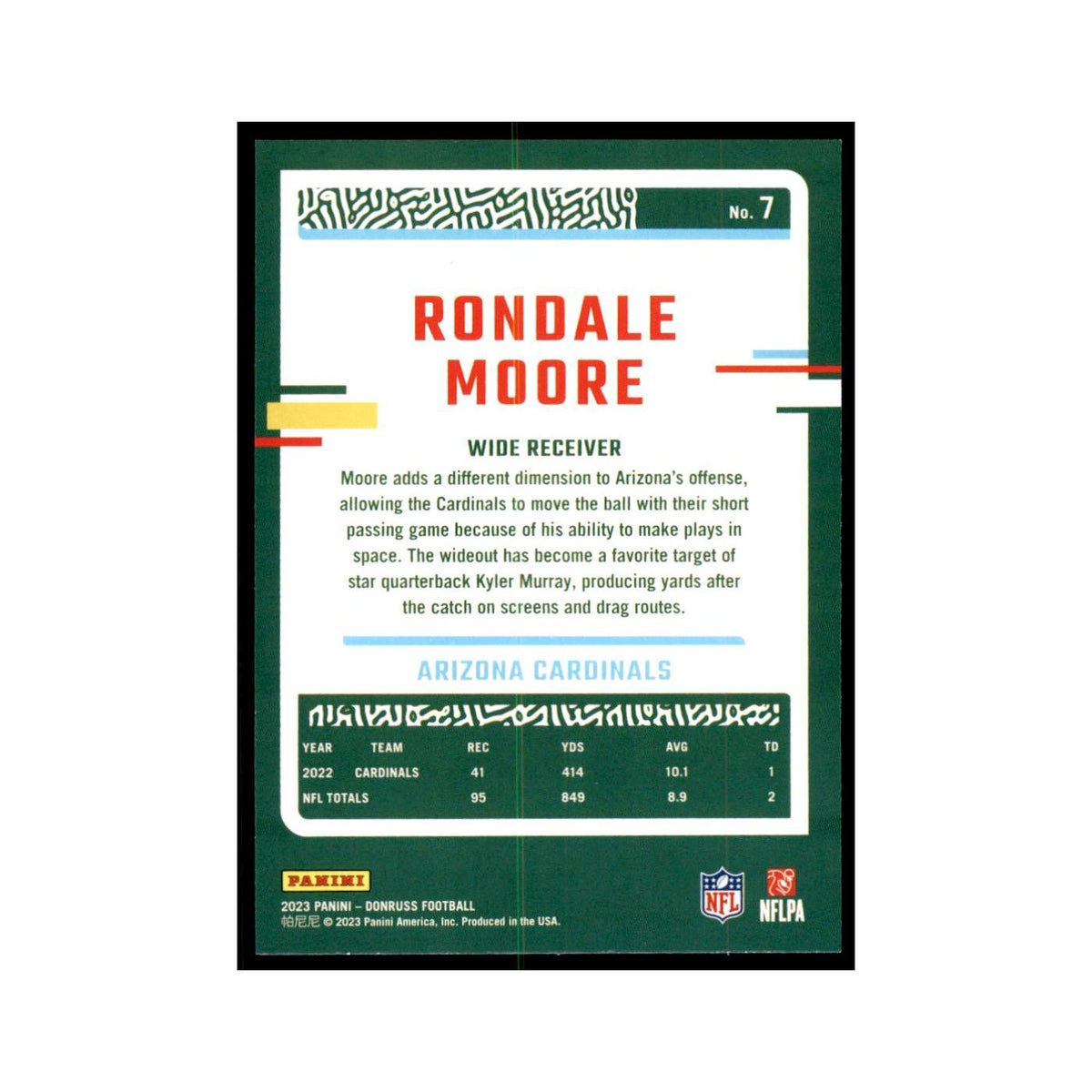 Rondale Moore 2023 Donruss #7 Arizona Cardinals Football Card NM
