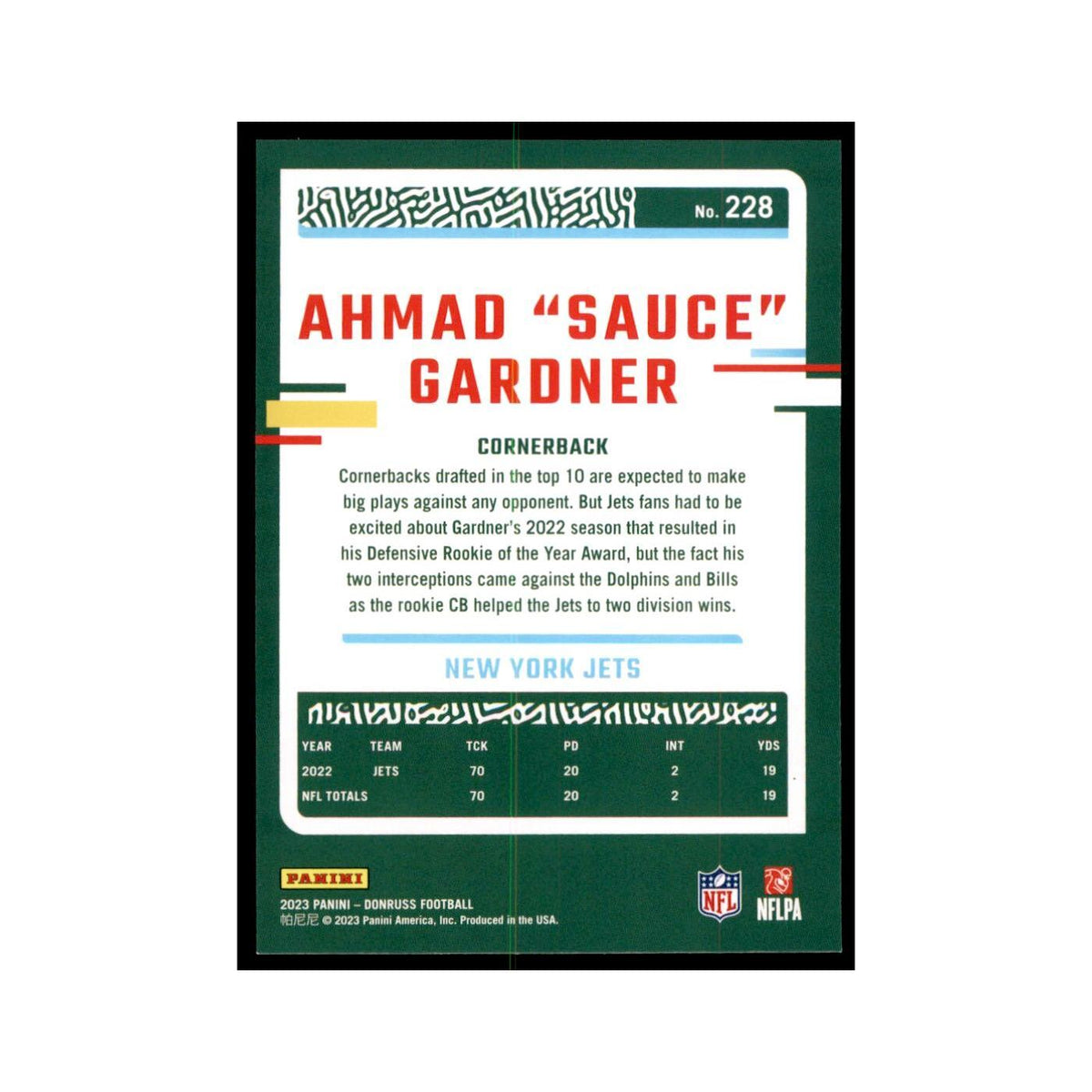 Ahmad Sauce Gardner 2023 Donruss #228 New York Jets Football Card NM