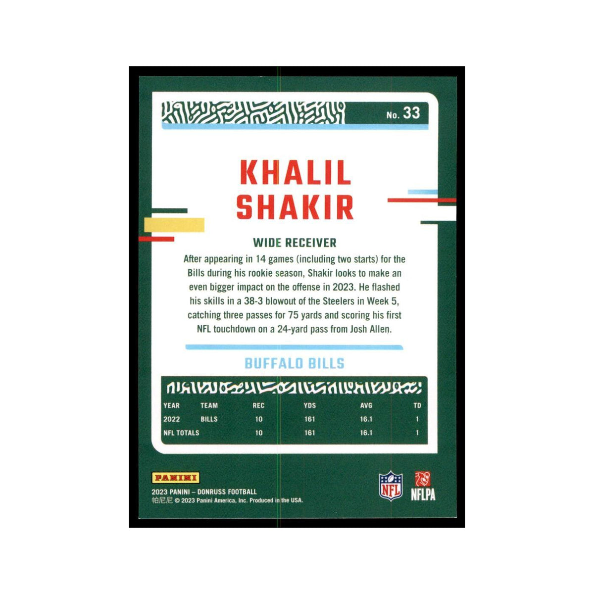 Khalil Shakir 2023 Donruss #33 Buffalo Bills Football Card NM