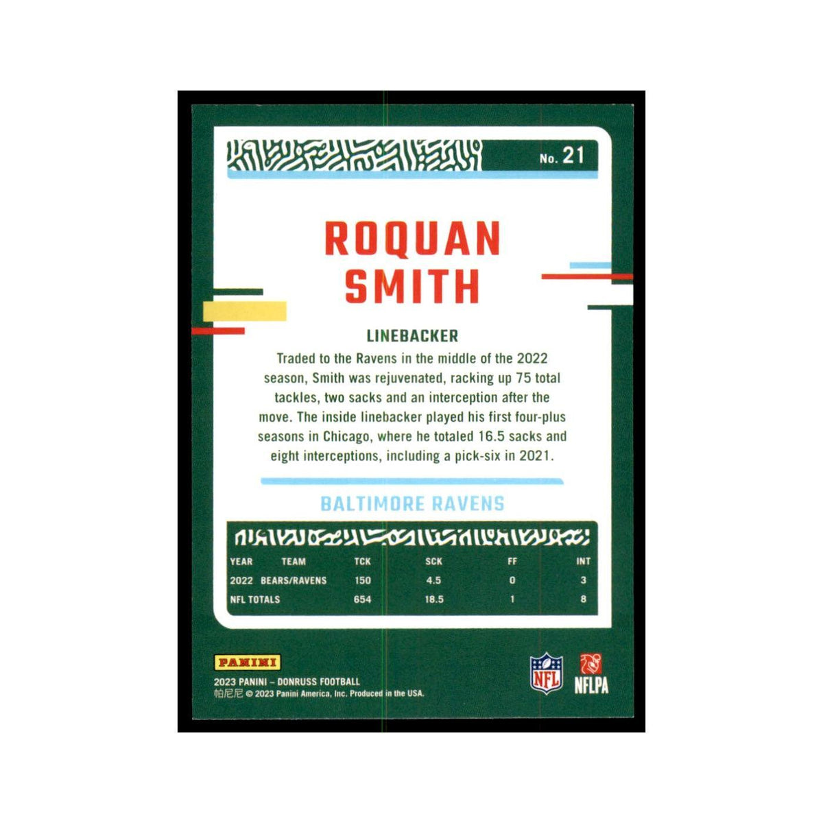 Roquan Smith 2023 Donruss #21 Baltimore Ravens Football Card NM