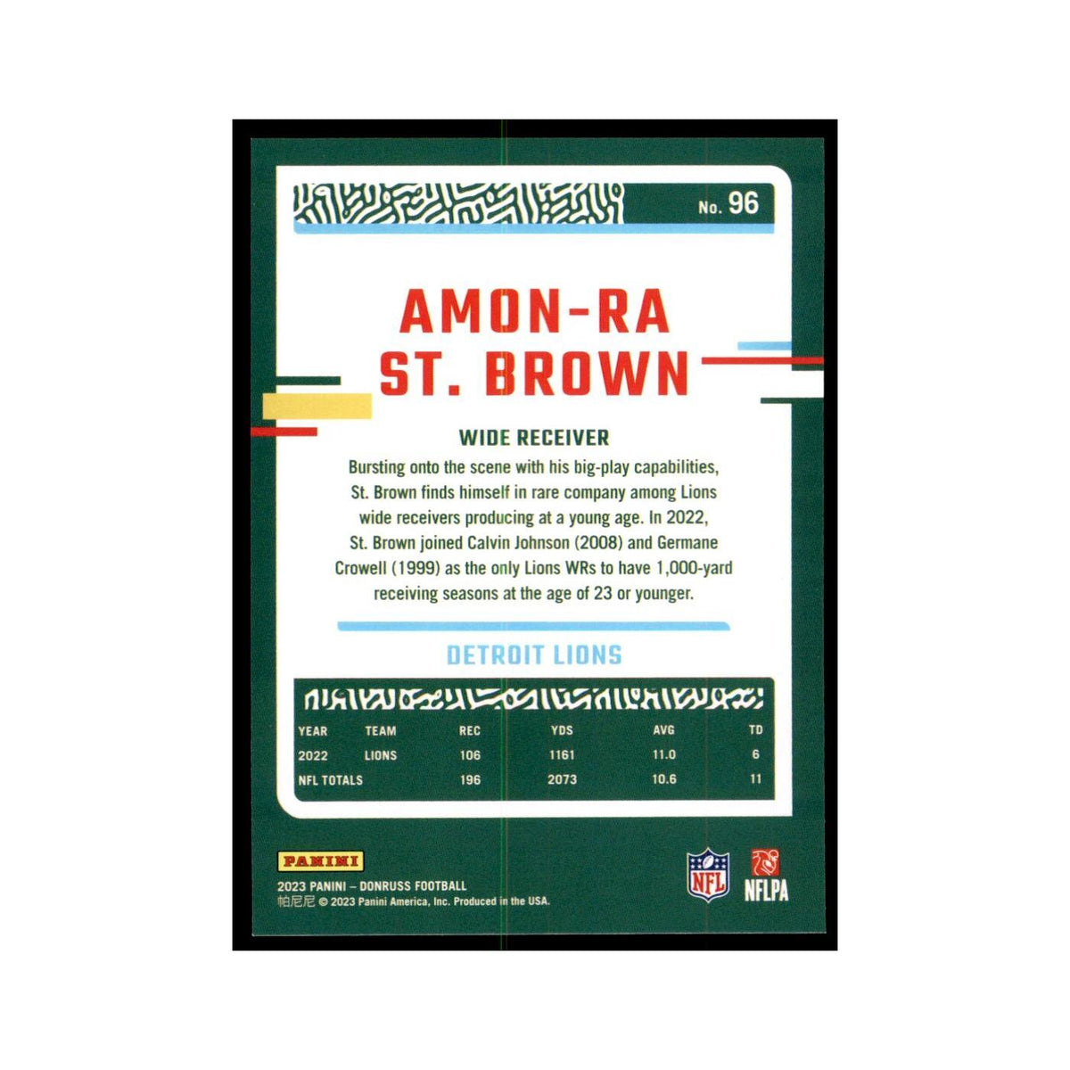 Amon-Ra St. Brown 2023 Donruss #96 Detroit Lions Football Card NM