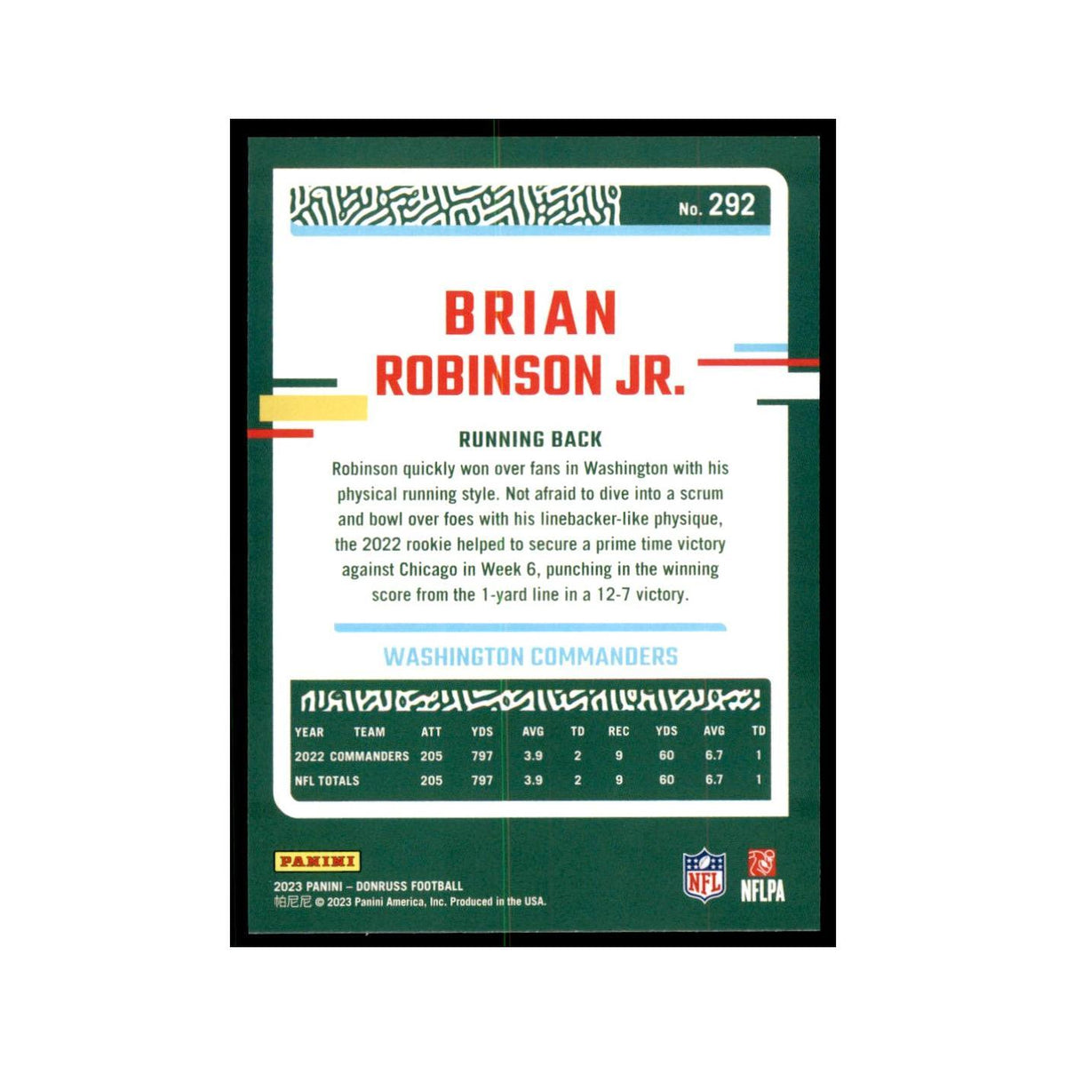 Brian Robinson Jr. 2023 Donruss #292 Washington Commanders Football Card NM