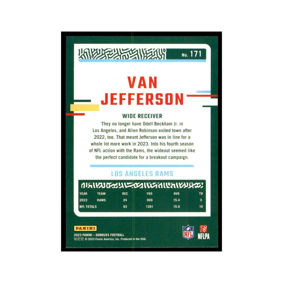 Van Jefferson 2023 Donruss #171 Los Angeles Rams Football Card NM