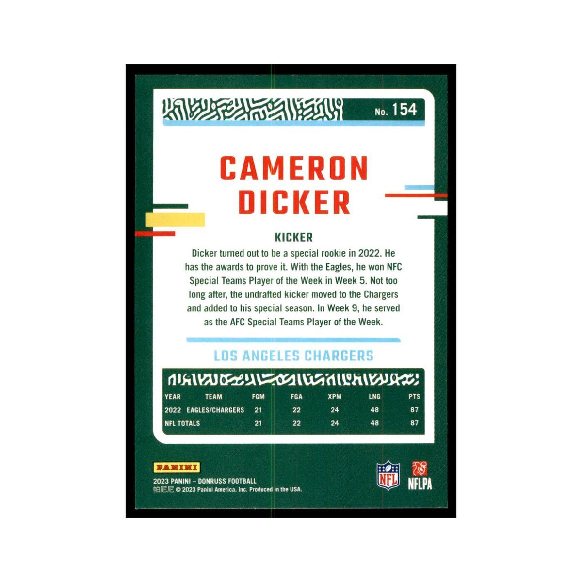 Cameron Dicker 2023 Donruss #154 Los Angeles Chargers Football Card NM