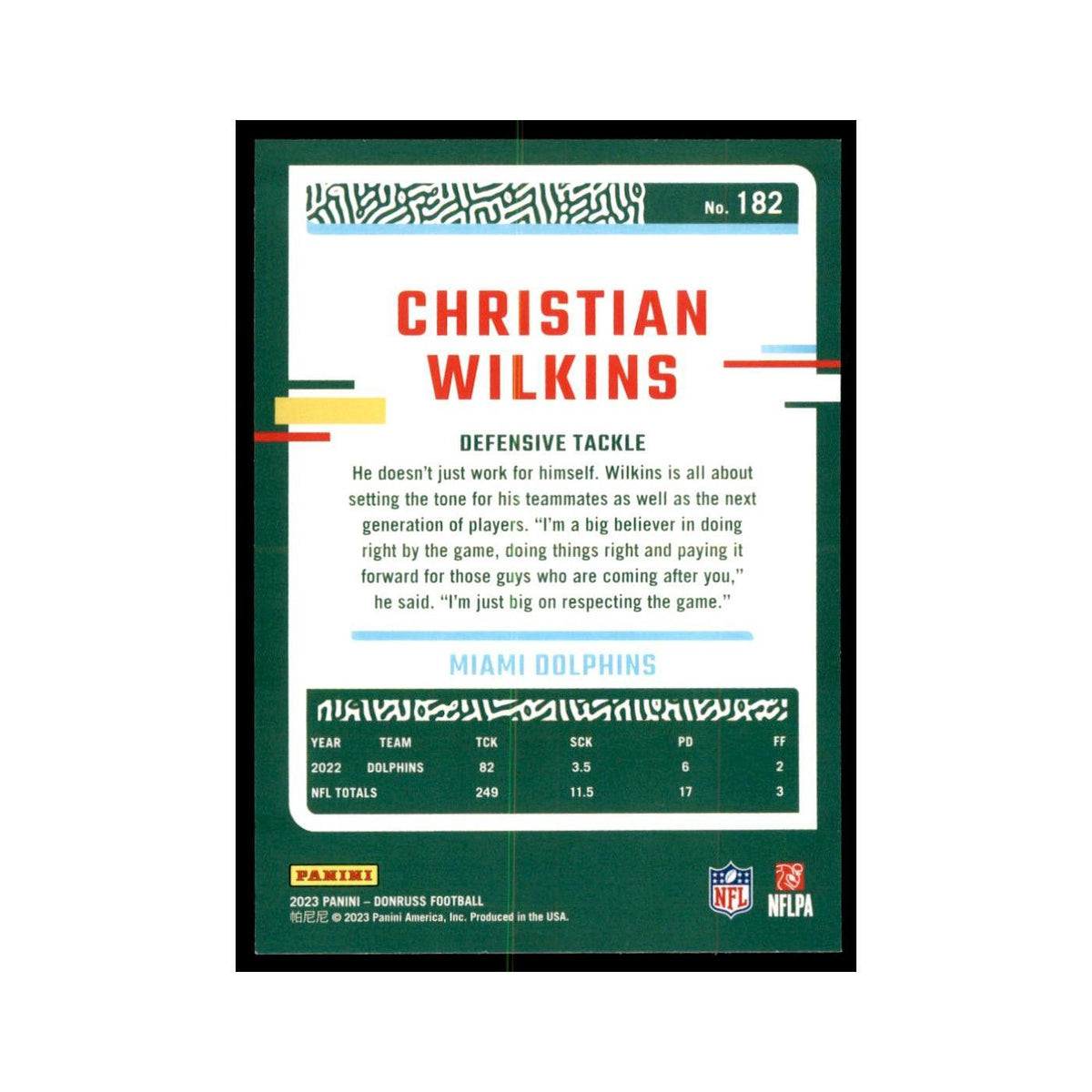 Christian Wilkins 2023 Donruss #182 Miami Dolphins Football Card NM