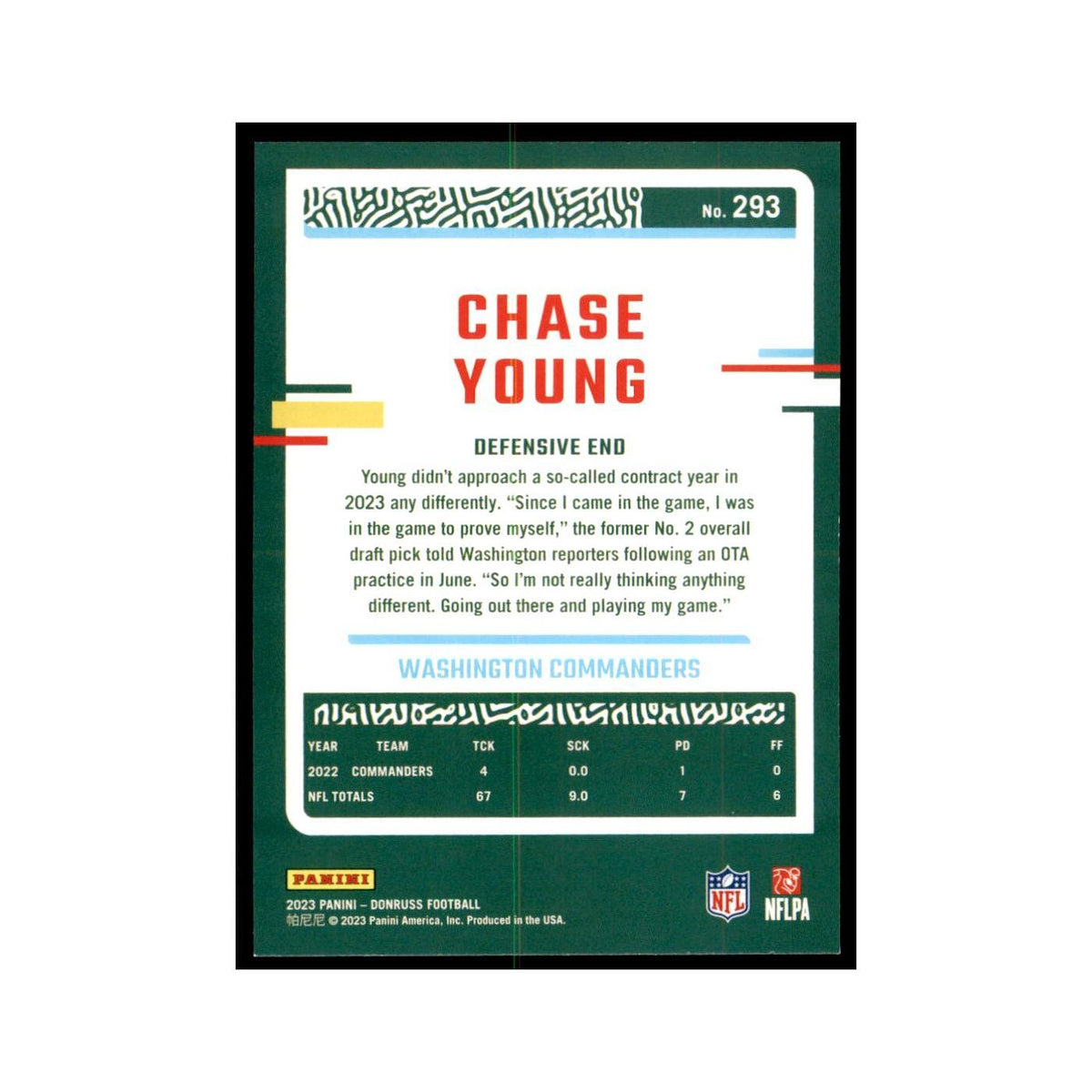Chase Young 2023 Donruss #293 Washington Commanders Football Card NM