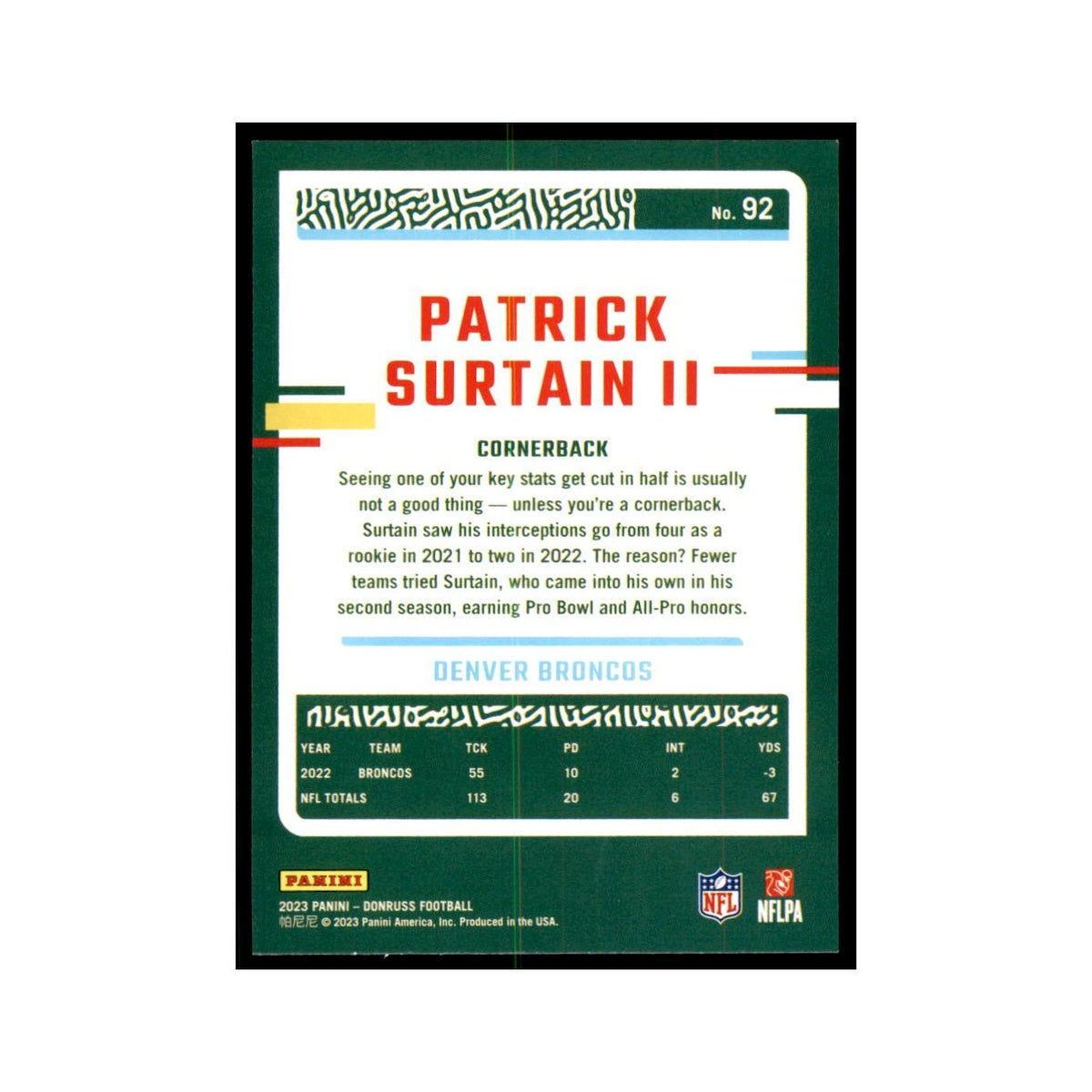 Patrick Surtain II 2023 Donruss #92 Denver Broncos Football Card NM