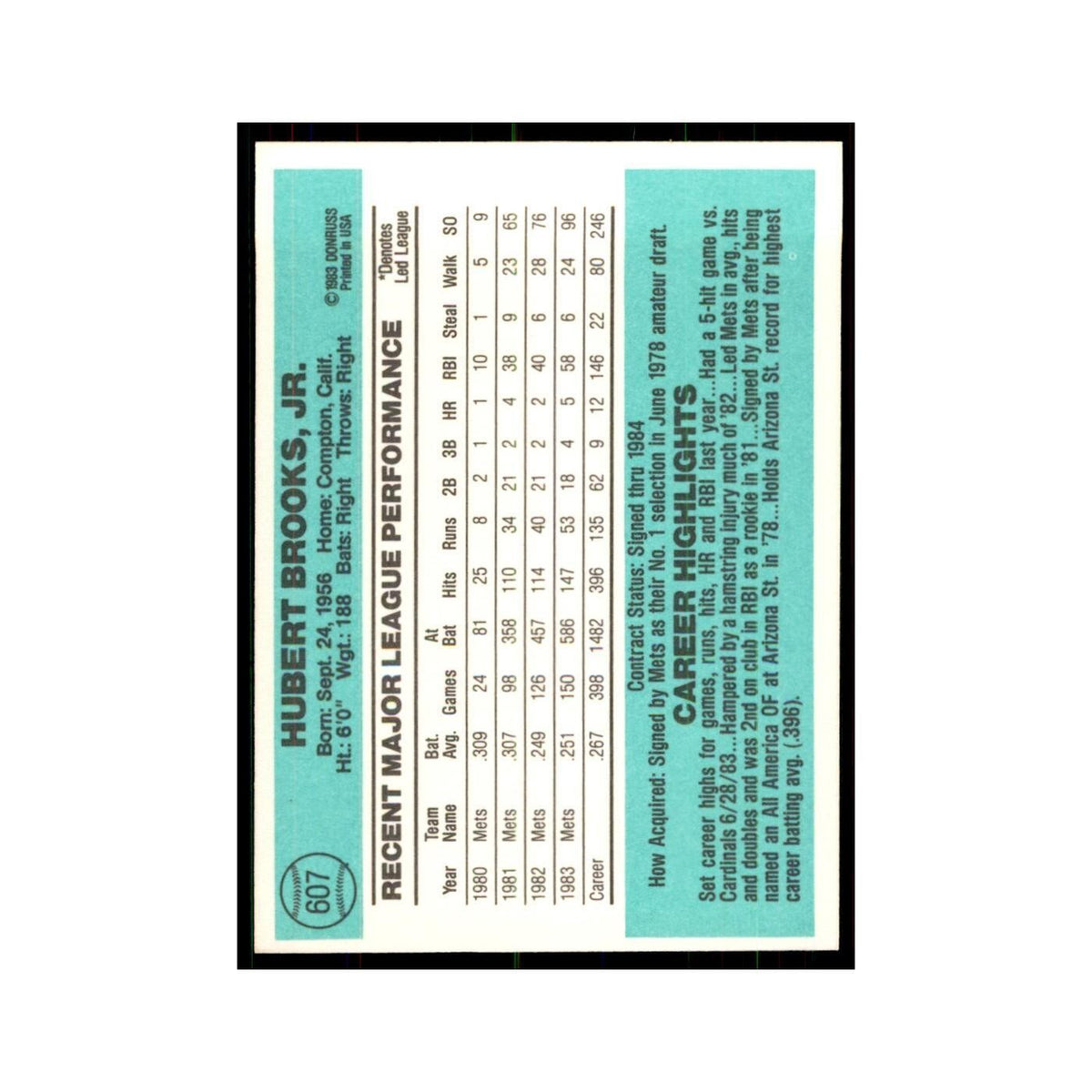 Hubie Brooks 1984 Donruss #607 New York Mets Baseball Card NM