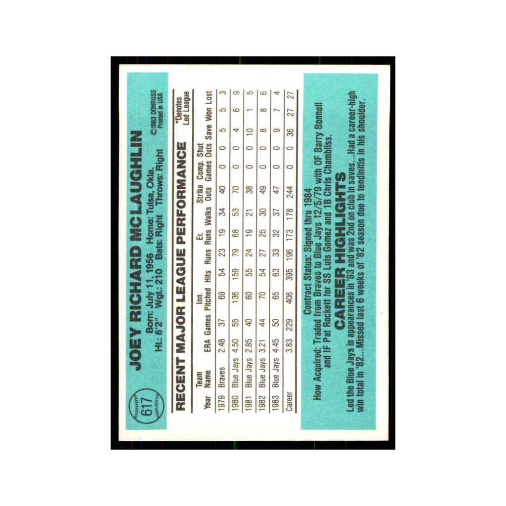 Joey McLaughlin 1984 Donruss #617 Toronto Blue Jays Baseball Card NM