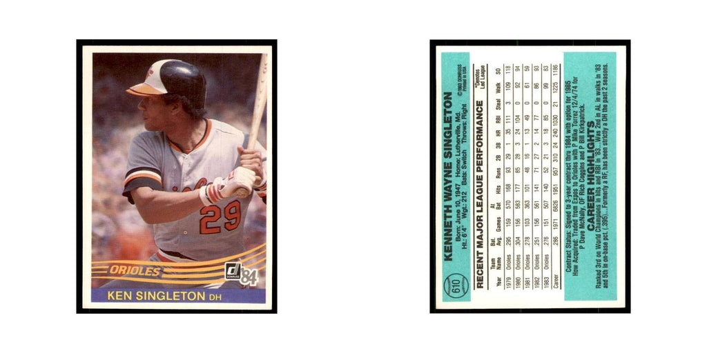 Ken Singleton 1984 Donruss #610 Baltimore Orioles Baseball Card NM
