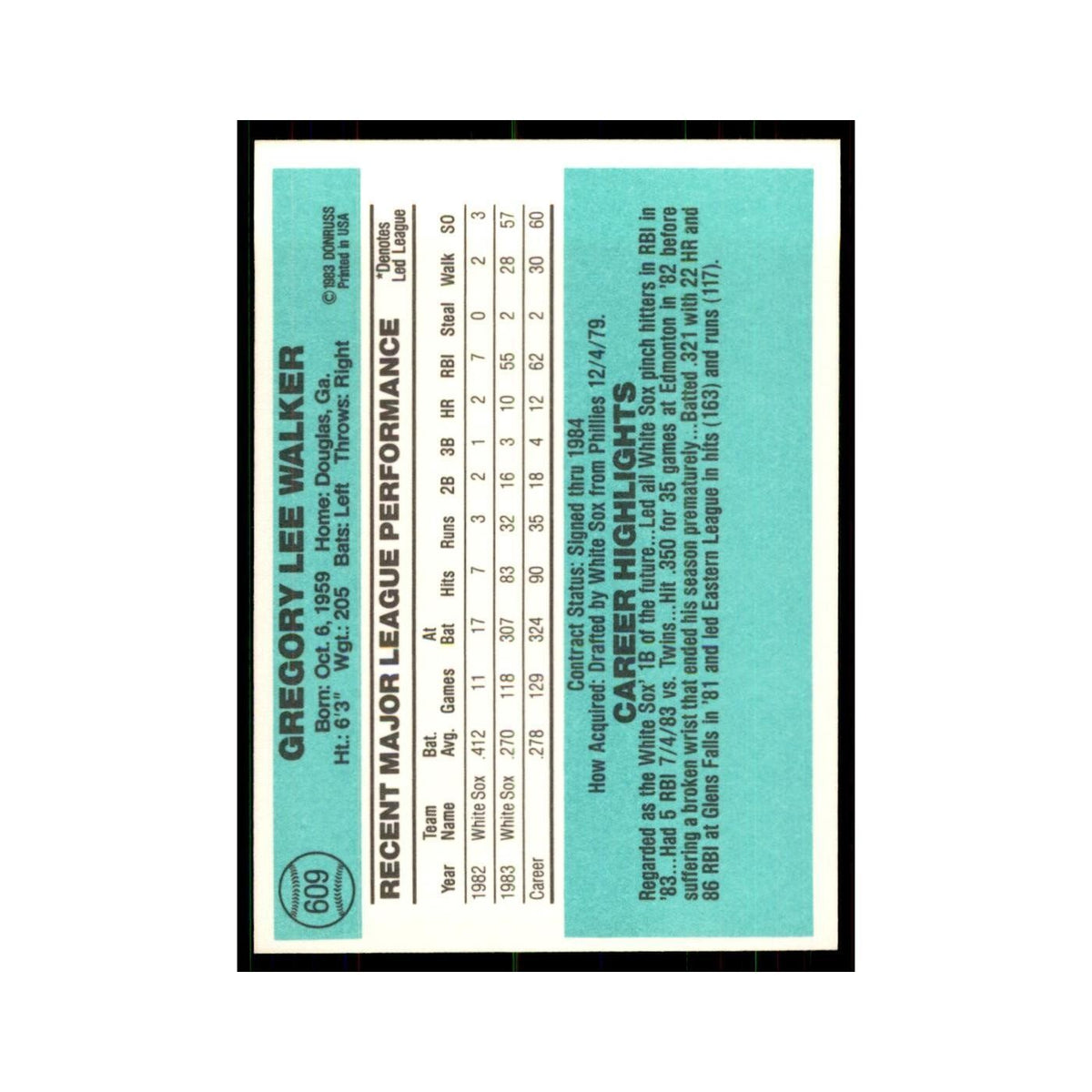 Greg Walker Rookie 1984 Donruss #609 Chicago White Sox Baseball Card NM