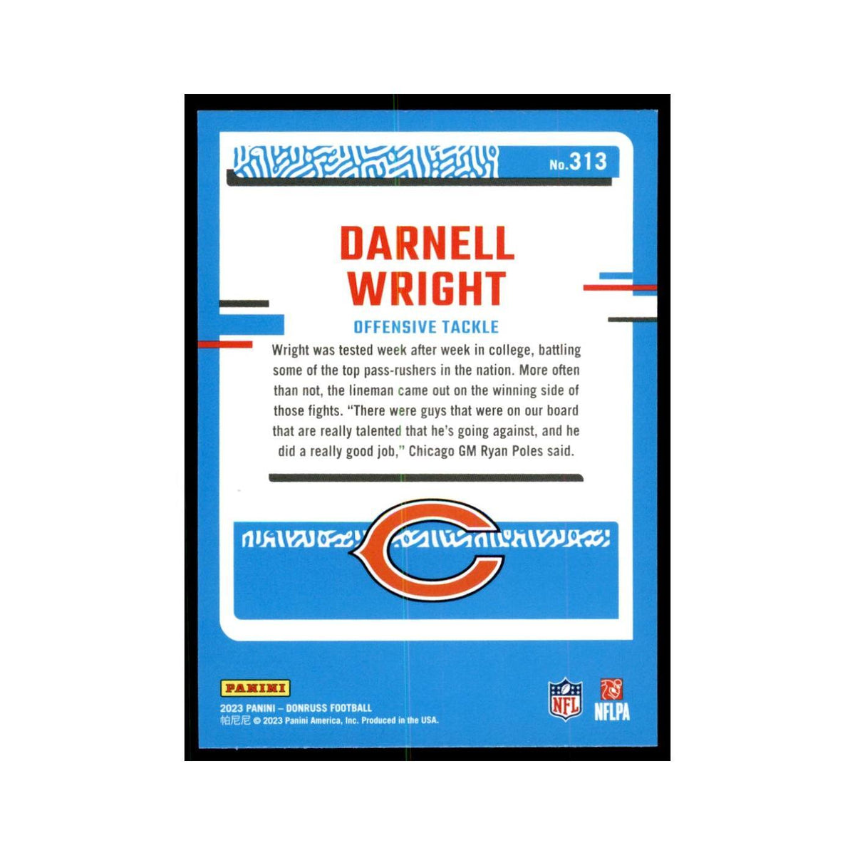 Darnell Wright 2023 Donruss #313 Chicago Bears Football Card NM