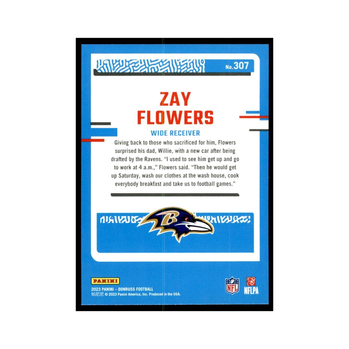 Zay Flowers 2023 Donruss #307 Baltimore Ravens Football Card NM