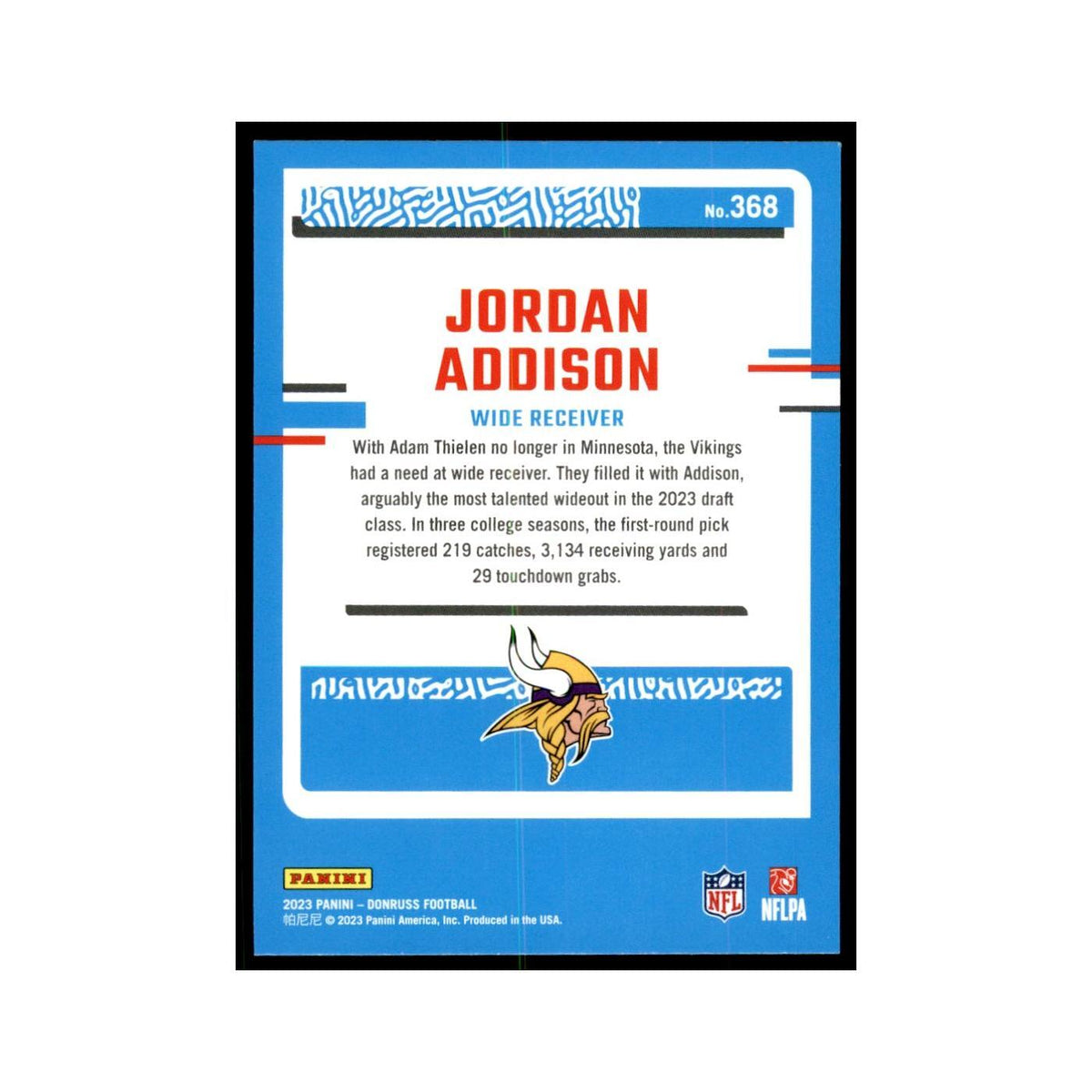 Jordan Addison 2023 Donruss #368 Minnesota Vikings Football Card NM