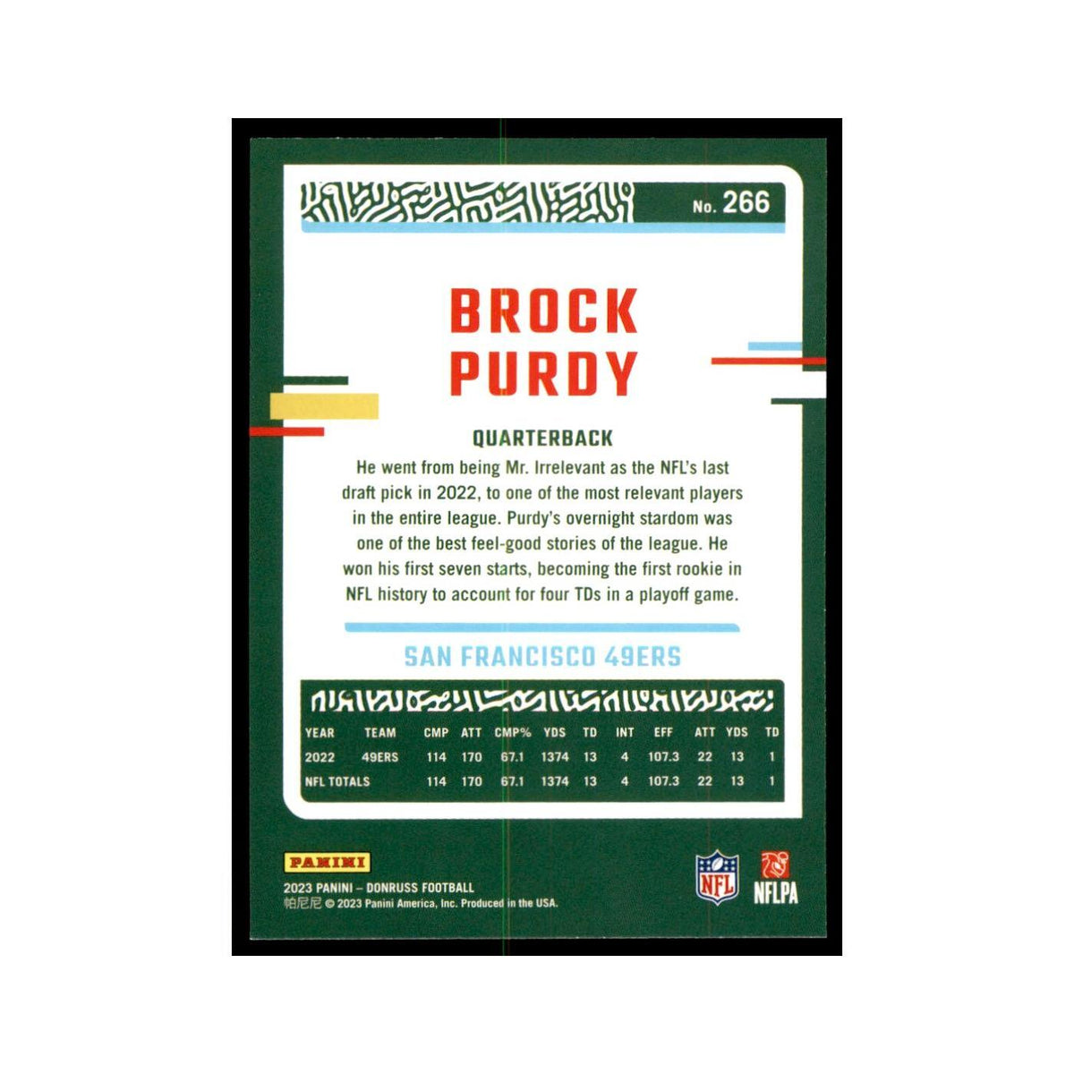 Brock Purdy 2023 Donruss #266 San Francisco 49ers Football Card NM