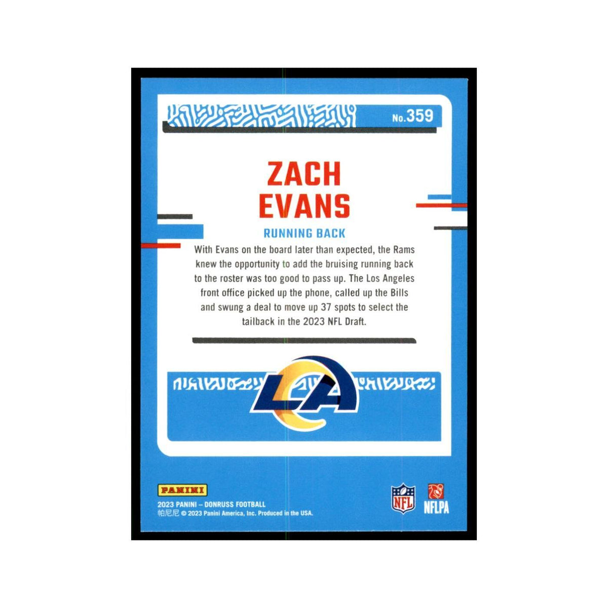 Zach Evans 2023 Donruss #359 Los Angeles Rams Football Card NM