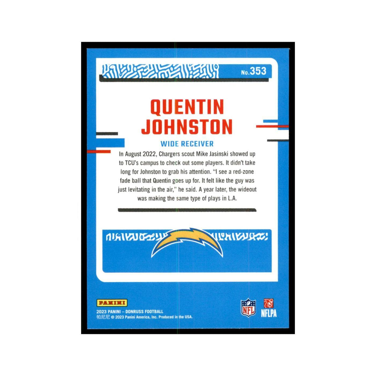 Quentin Johnston 2023 Donruss #353 Los Angeles Chargers Football Card NM
