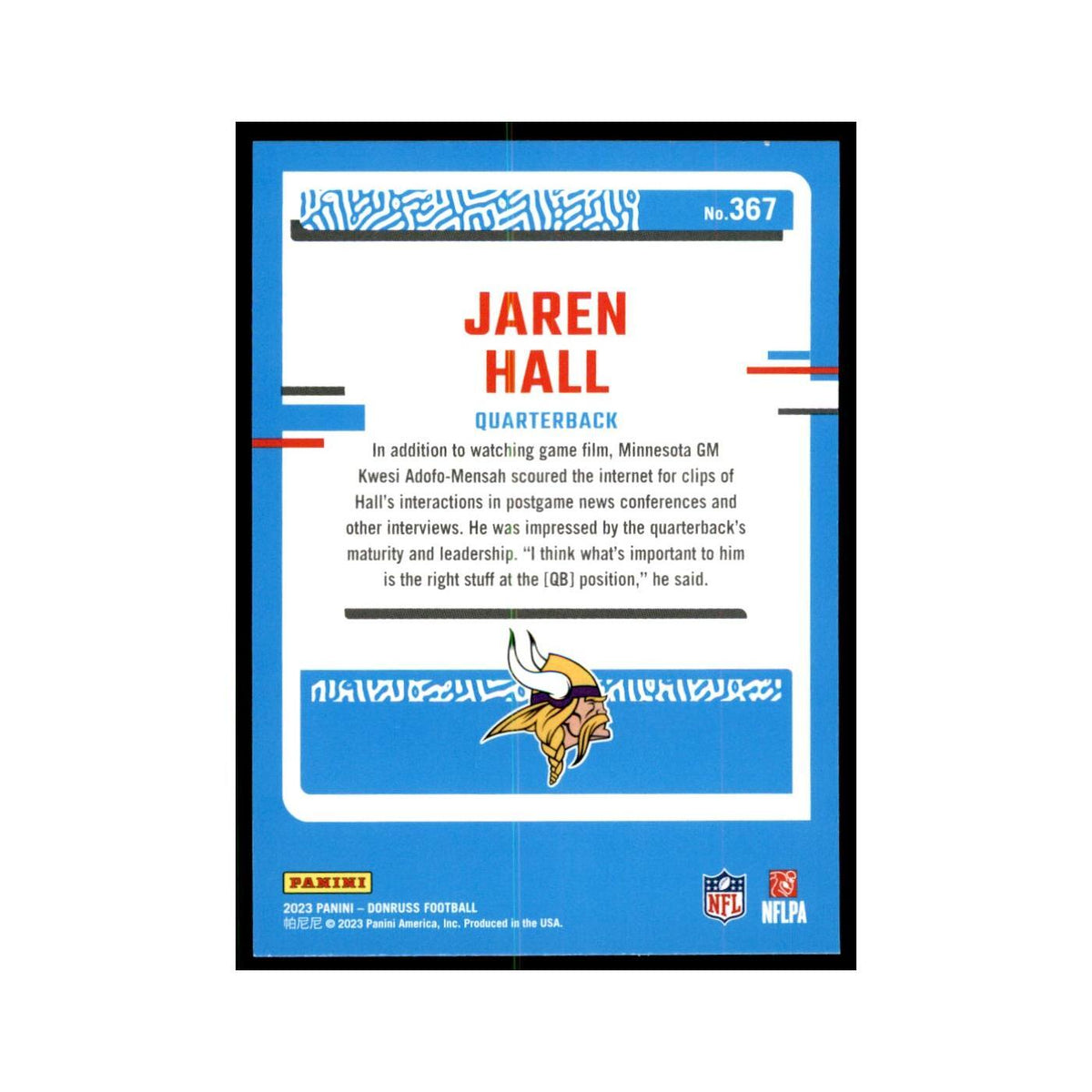 Jaren Hall 2023 Donruss #367 Minnesota Vikings Football Card NM