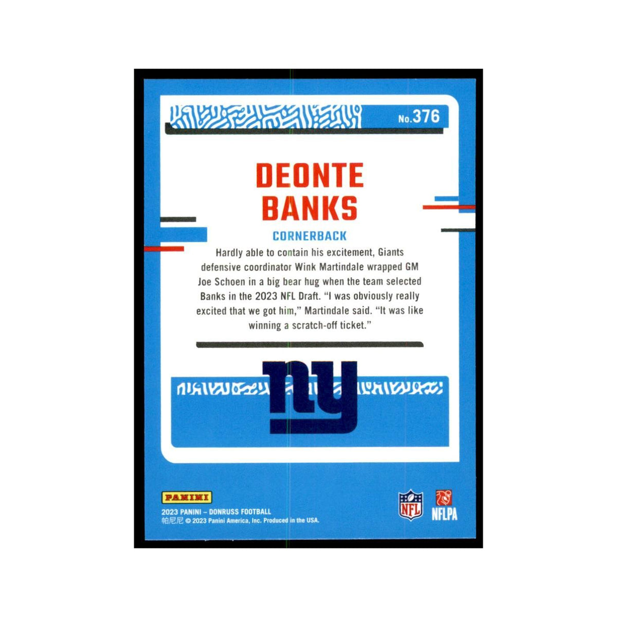 Deonte Banks 2023 Donruss #376 New York Giants Football Card NM