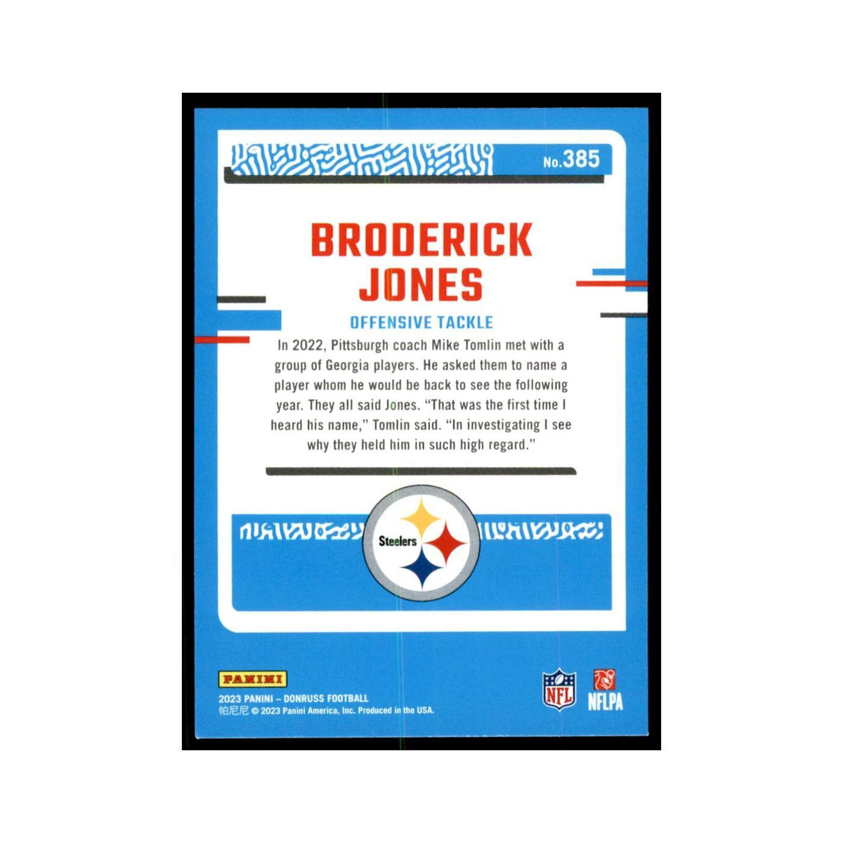 Broderick Jones 2023 Donruss #385 Pittsburgh Steelers Football Card NM