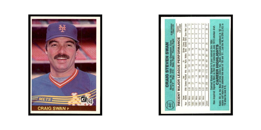 Craig Swan 1984 Donruss #441 New York Mets Baseball Card NM