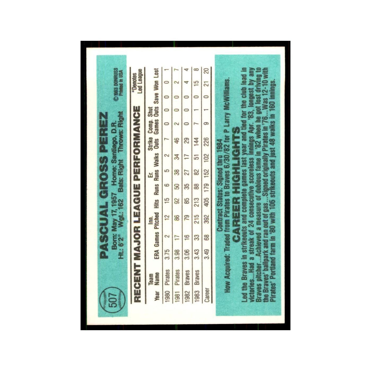 Pascual Perez 1984 Donruss #507 Atlanta Braves Baseball Card NM