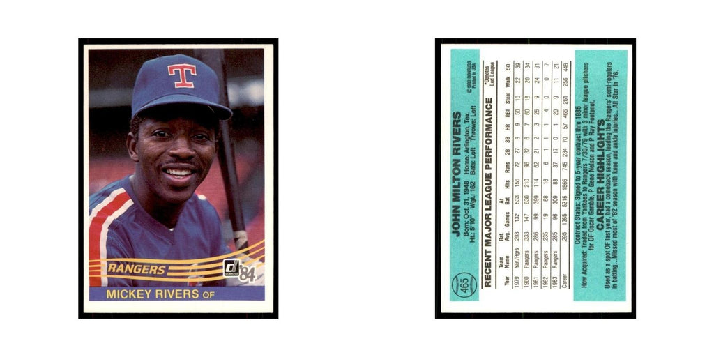 Mickey Rivers 1984 Donruss #465 Texas Rangers Baseball Card NM
