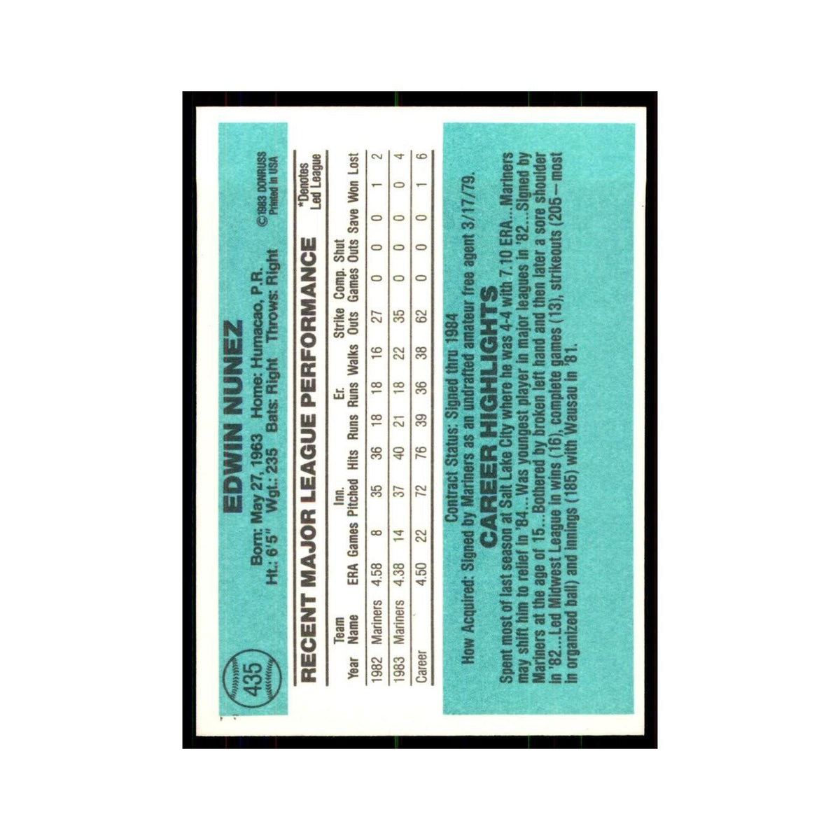 Ed Nunez Rookie 1984 Donruss #435 Seattle Mariners Baseball Card NM