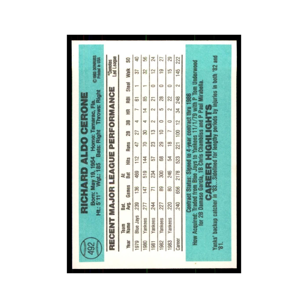 Rick Cerone 1984 Donruss #492 New York Yankees Baseball Card NM