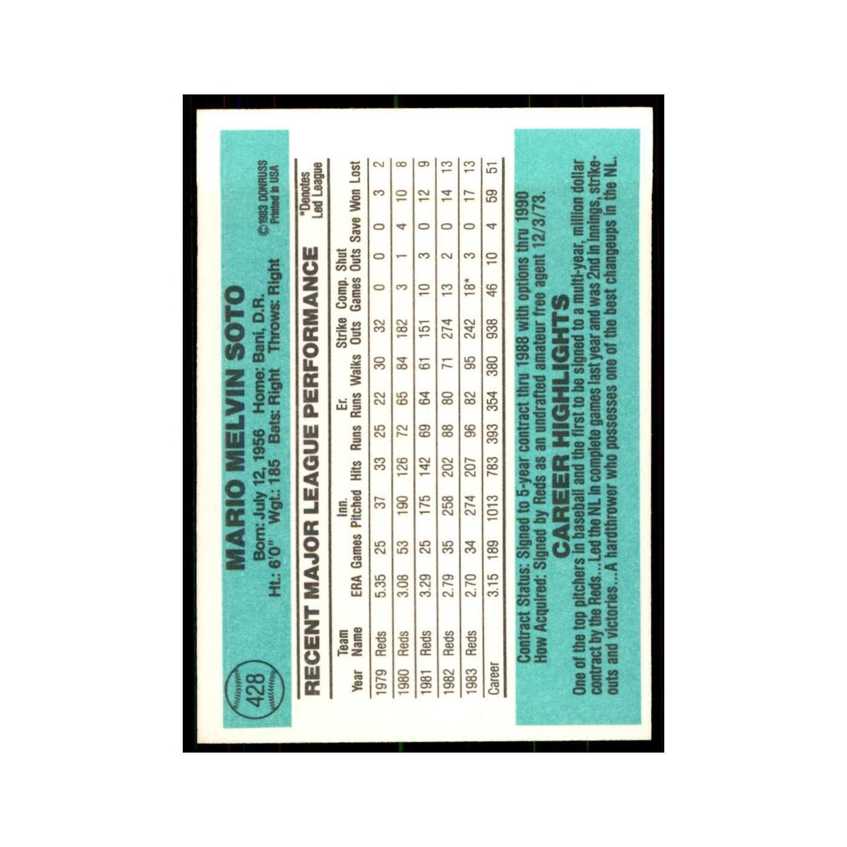 Mario Soto 1984 Donruss #428 Cincinnati Reds Baseball Card NM