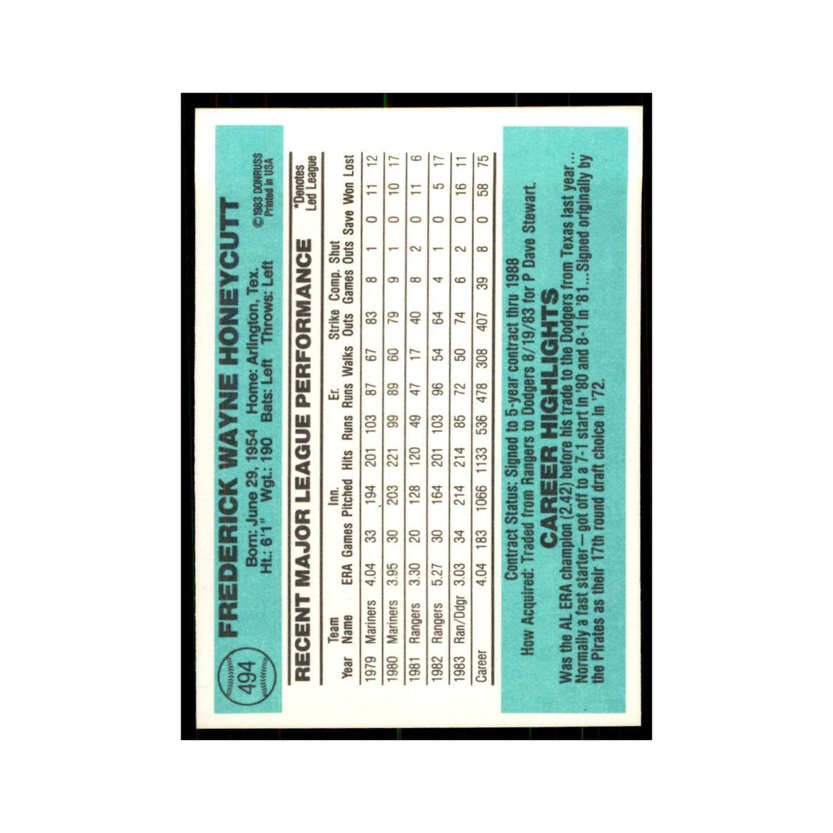 Rick Honeycutt 1984 Donruss #494 Los Angeles Dodgers Baseball Card NM