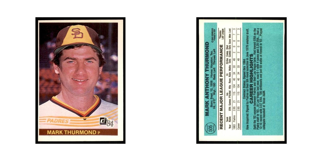Mark Thurmond Rookie 1984 Donruss #505 San Diego Padres Baseball Card NM