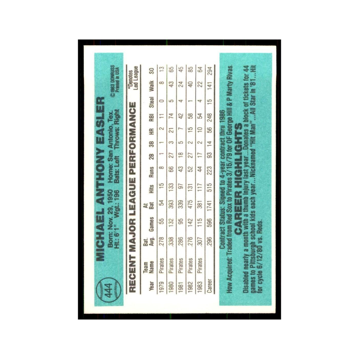 Mike Easler 1984 Donruss #444 Pittsburgh Pirates Baseball Card NM