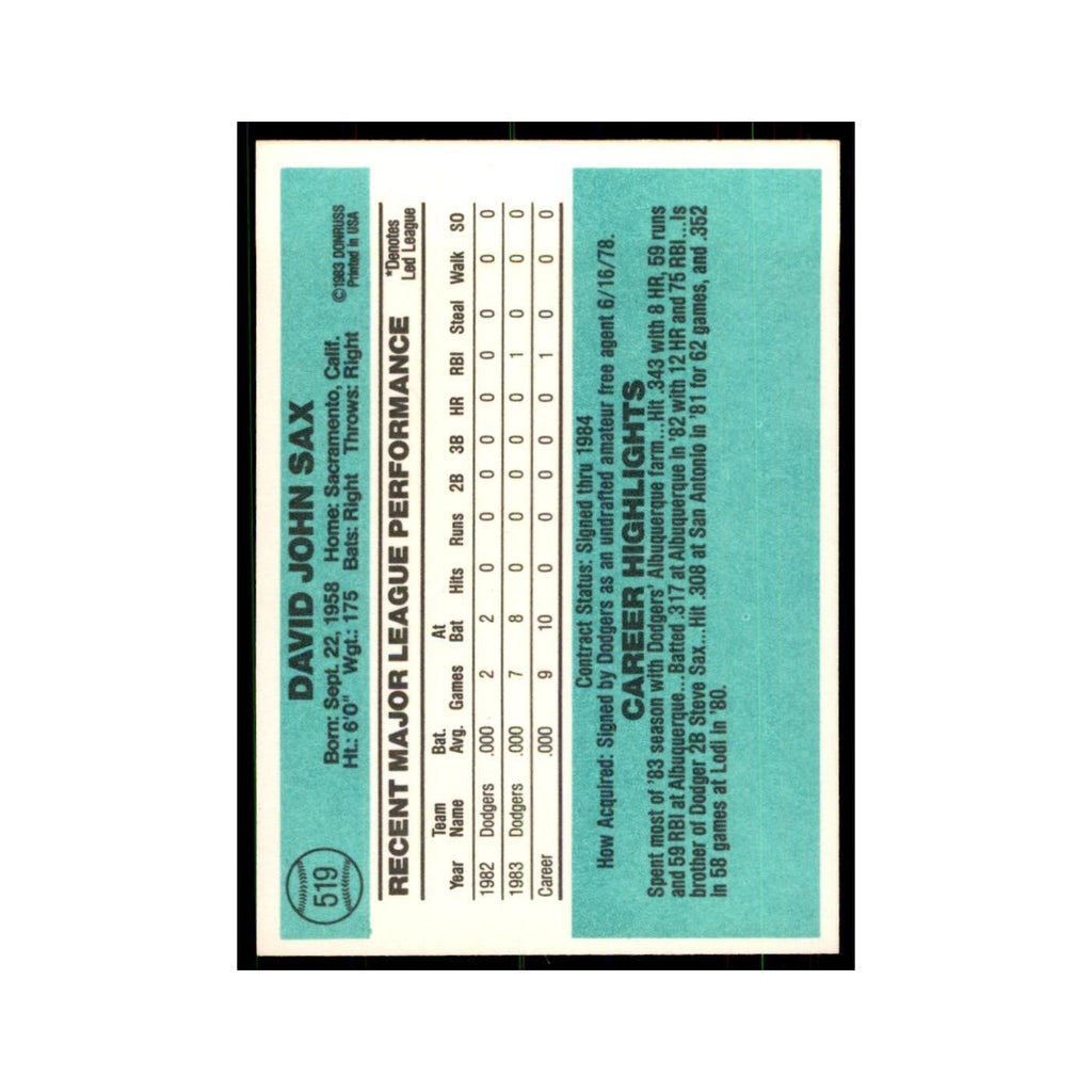 Dave Sax Rookie 1984 Donruss #519 Los Angeles Dodgers Baseball Card NM
