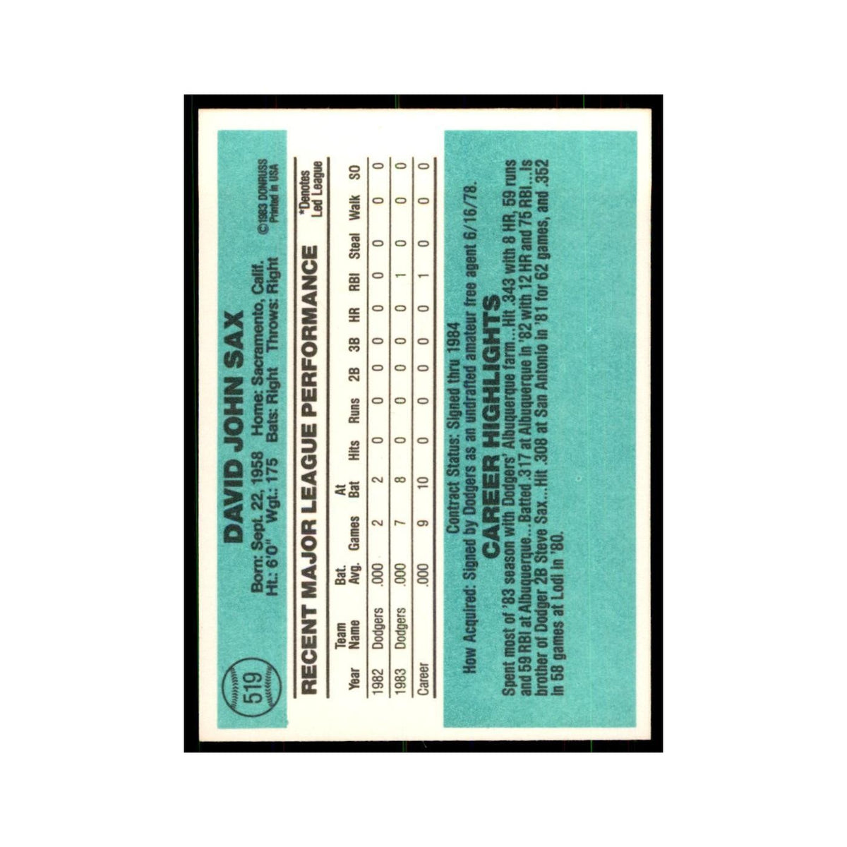 Dave Sax Rookie 1984 Donruss #519 Los Angeles Dodgers Baseball Card NM