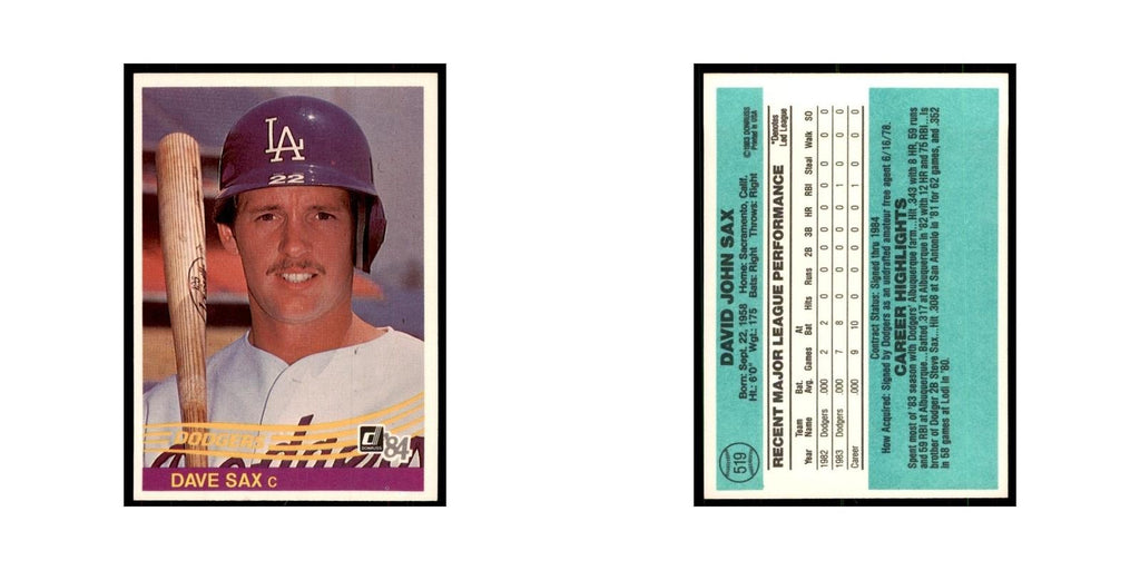 Dave Sax Rookie 1984 Donruss #519 Los Angeles Dodgers Baseball Card NM