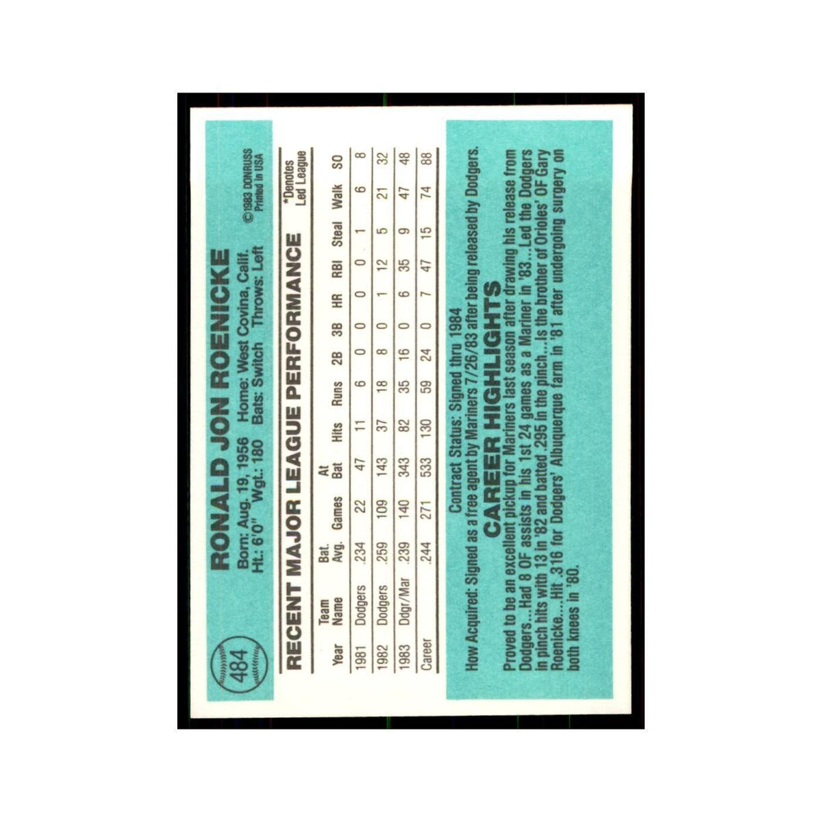 Ron Roenicke 1984 Donruss #484 Seattle Mariners Baseball Card NM