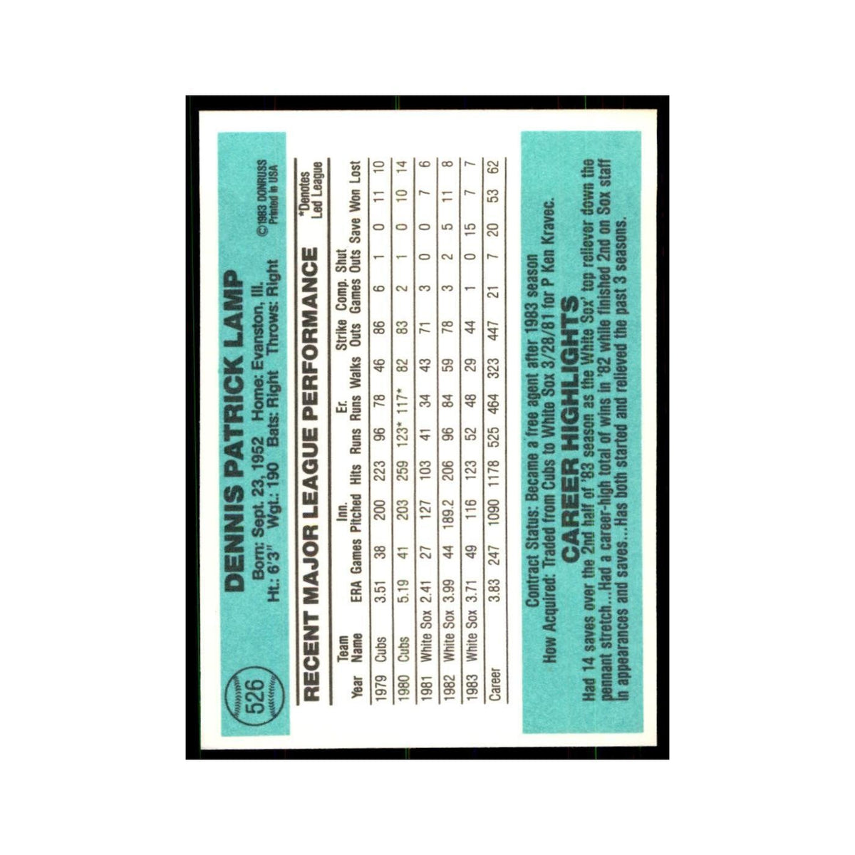 Dennis Lamp 1984 Donruss #526 Chicago White Sox Baseball Card NM