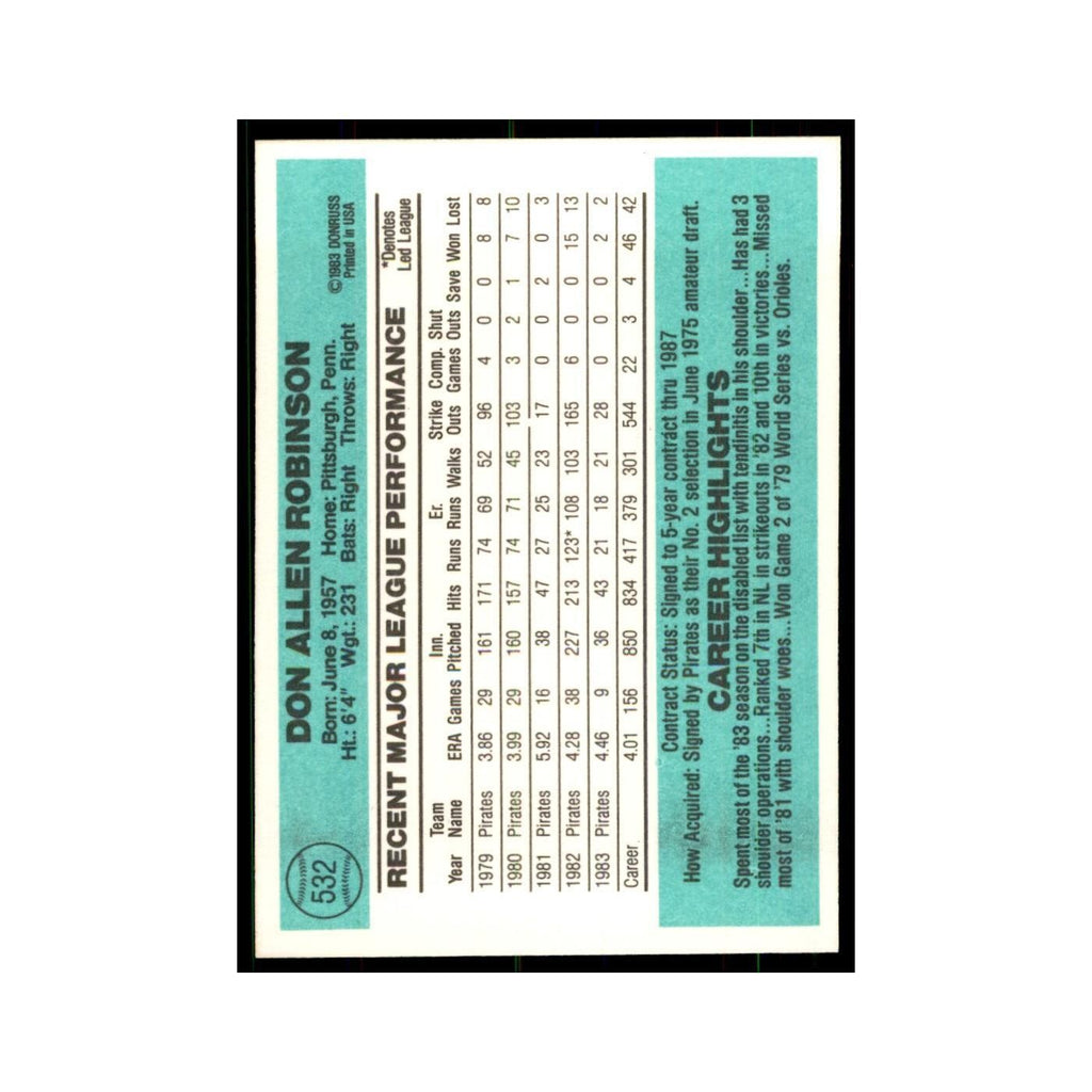 Don Robinson 1984 Donruss #532 Pittsburgh Pirates Baseball Card NM