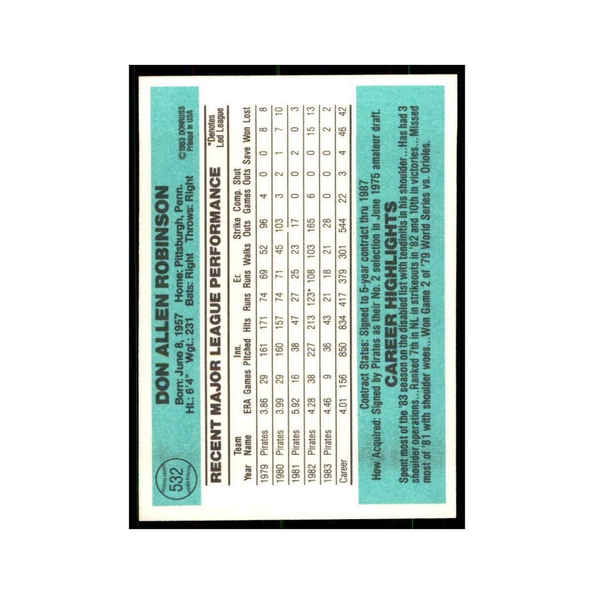 Don Robinson 1984 Donruss #532 Pittsburgh Pirates Baseball Card NM