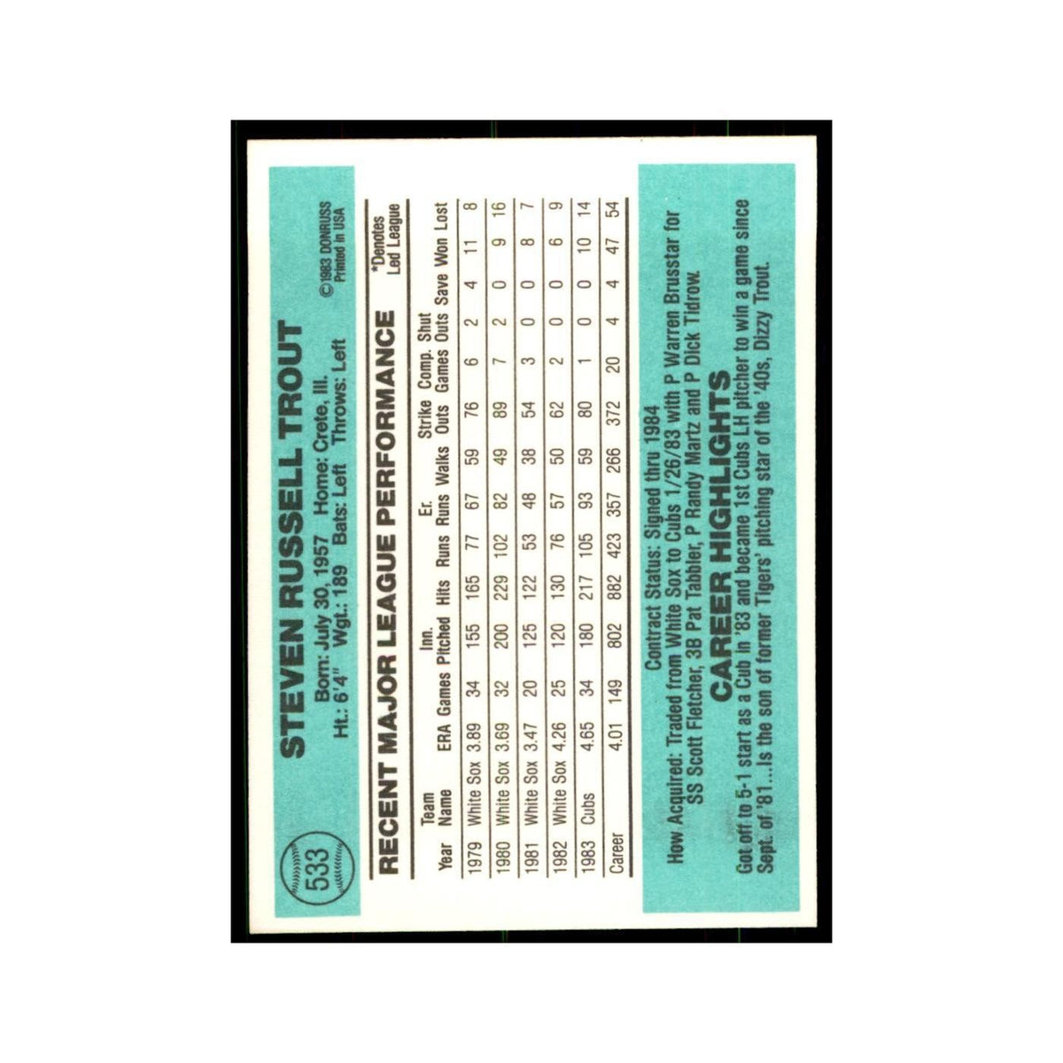Steve Trout 1984 Donruss #533 Chicago Cubs Baseball Card NM