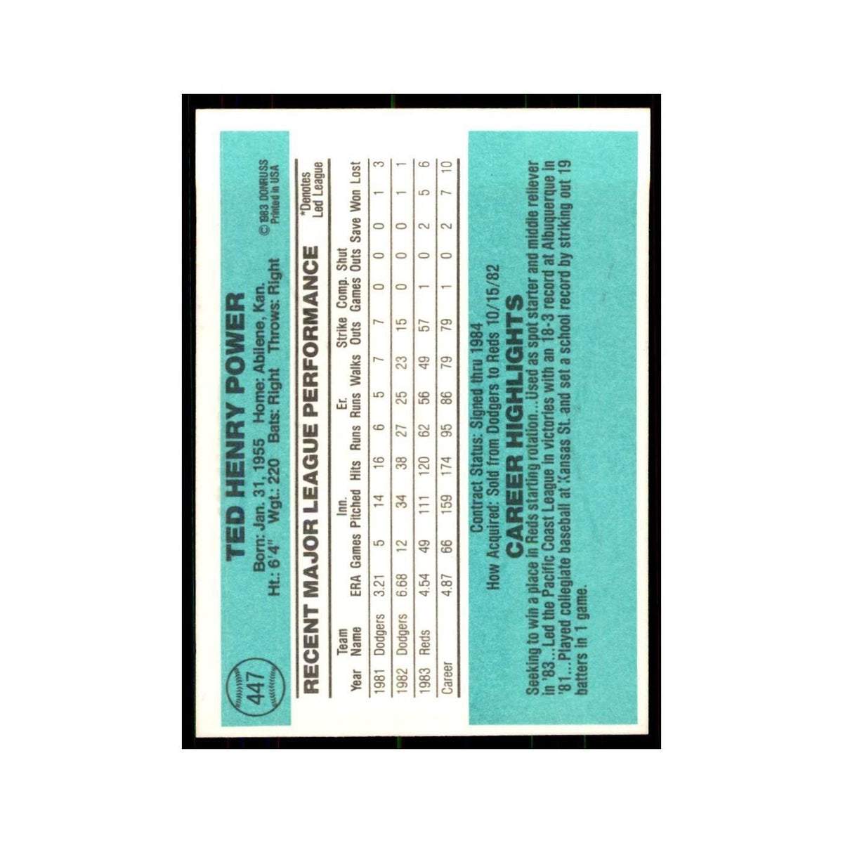 Ted Power 1984 Donruss #447 Cincinnati Reds Baseball Card NM