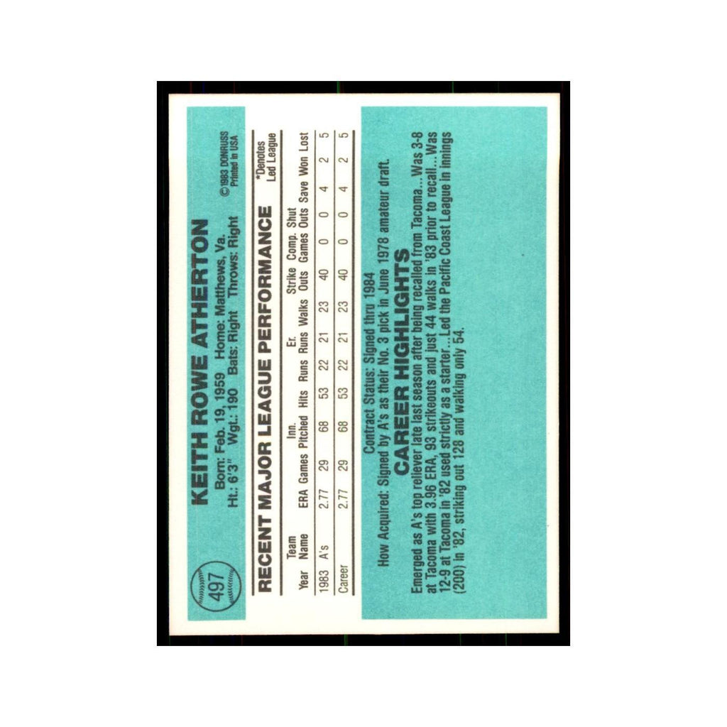 Keith Atherton Rookie 1984 Donruss #497 Oakland Athletics Baseball Card NM