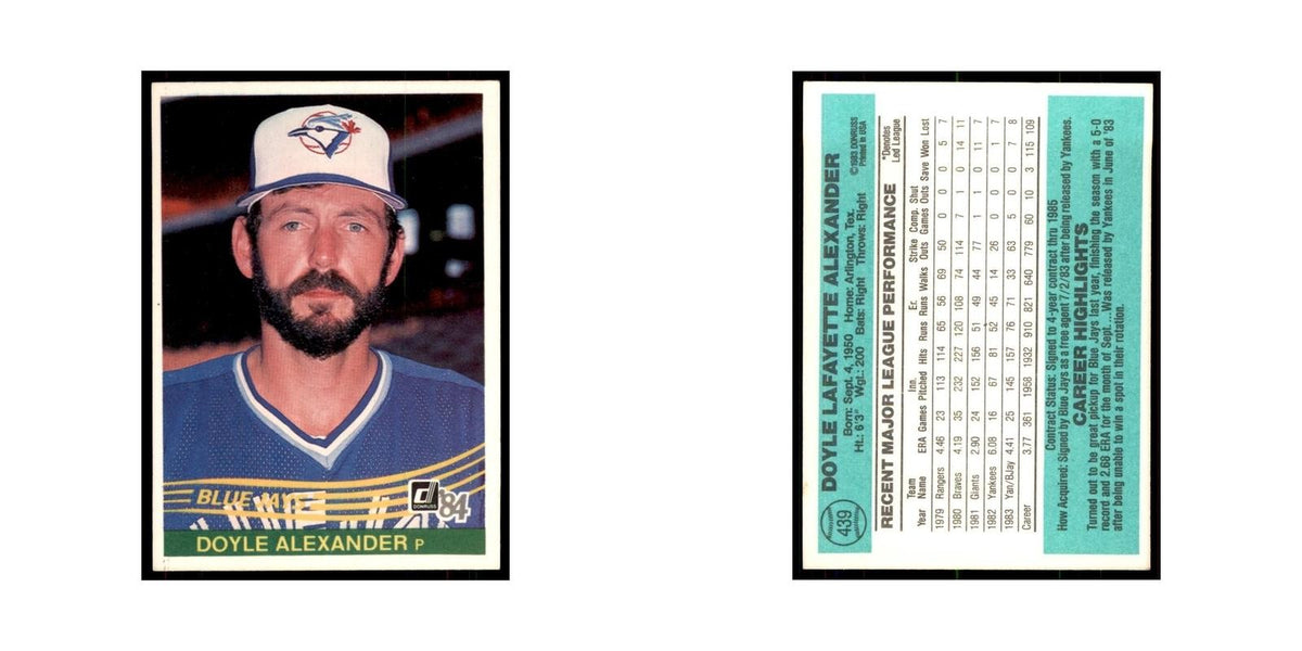 Doyle Alexander 1984 Donruss #439 Toronto Blue Jays Baseball Card NM