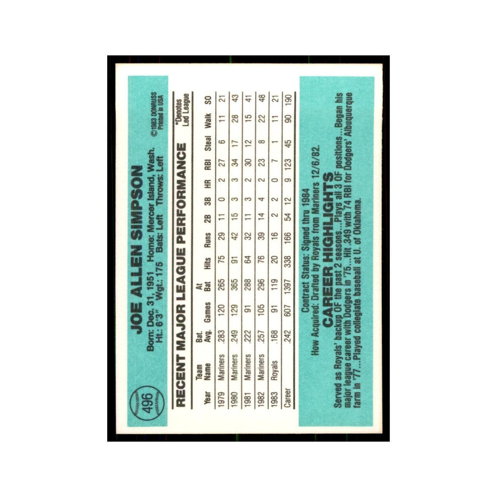 Joe Simpson 1984 Donruss #496 Kansas City Royals Baseball Card NM