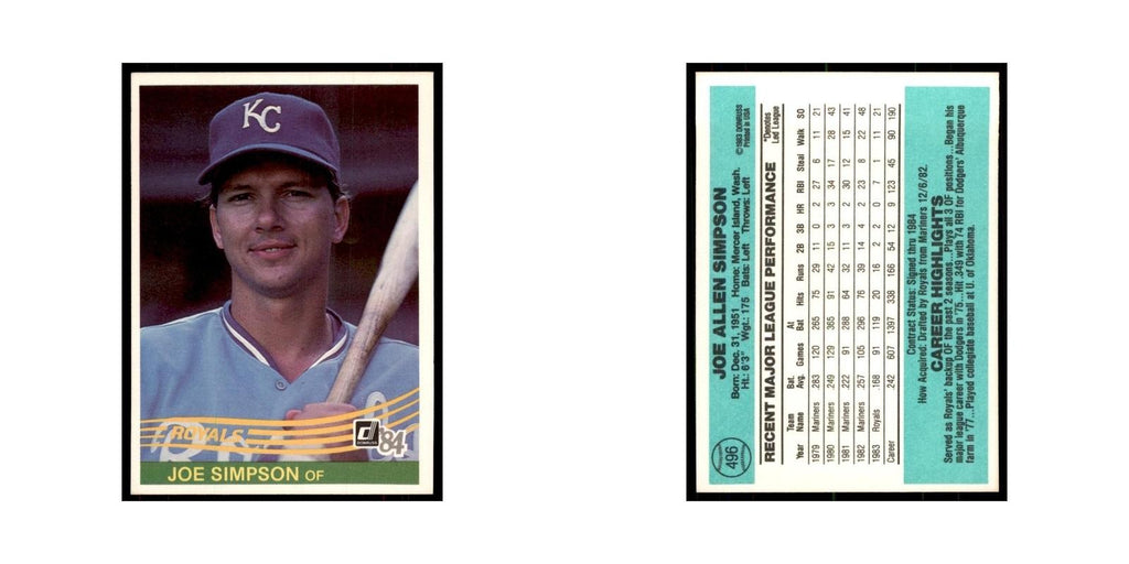 Joe Simpson 1984 Donruss #496 Kansas City Royals Baseball Card NM