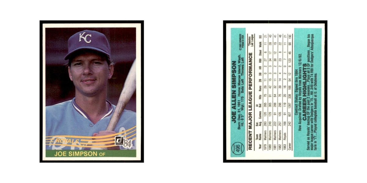Joe Simpson 1984 Donruss #496 Kansas City Royals Baseball Card NM