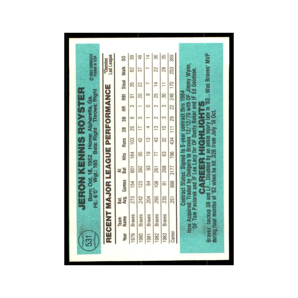 Jerry Royster 1984 Donruss #531 Atlanta Braves Baseball Card NM