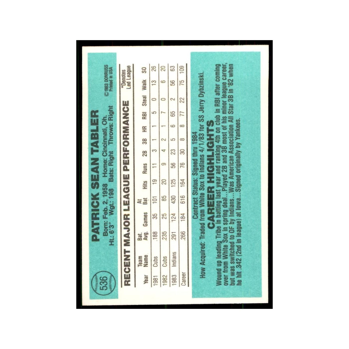 Pat Tabler 1984 Donruss #536 Cleveland Indians Baseball Card NM