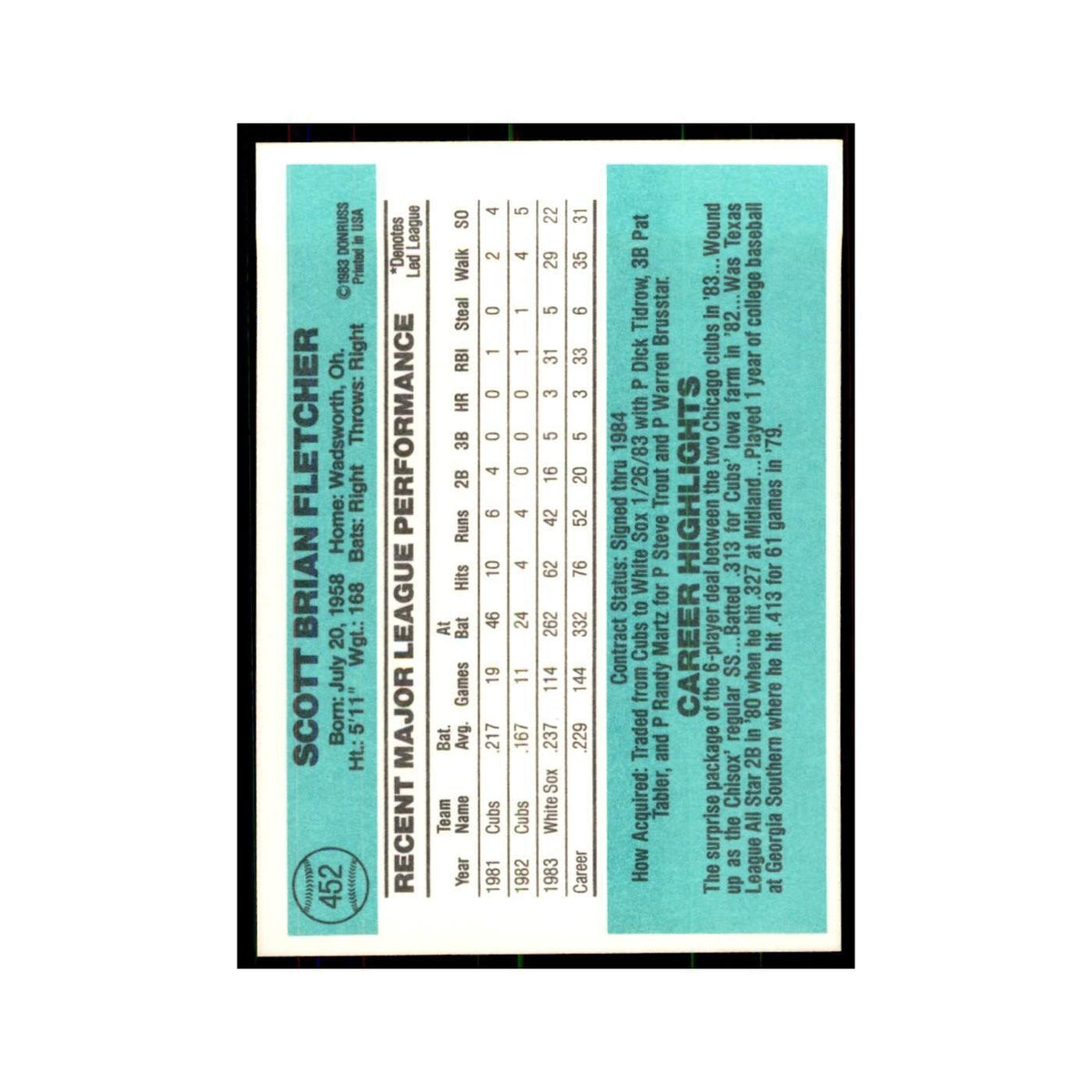 Scott Fletcher 1984 Donruss #452 Chicago White Sox Baseball Card NM